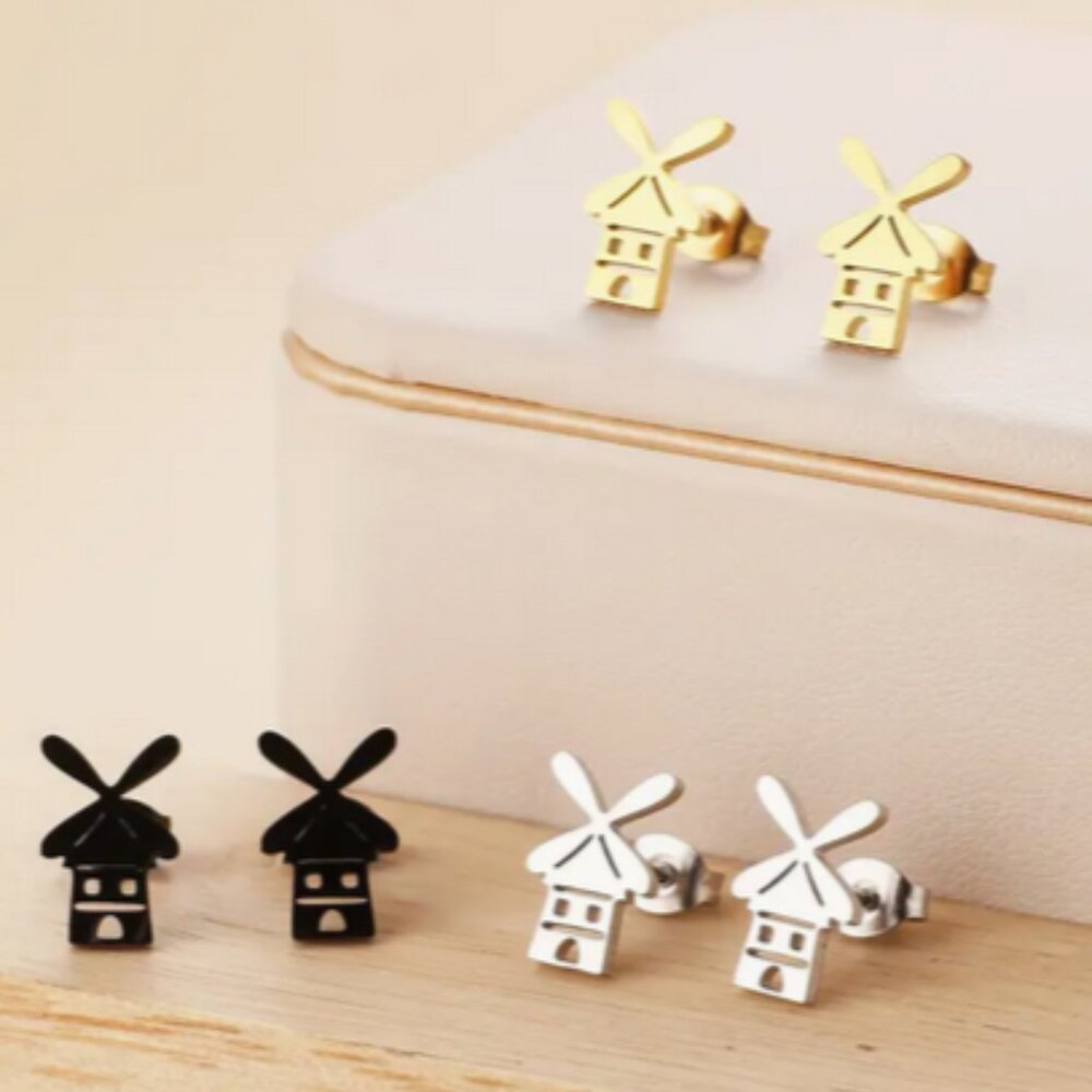 Windmill Stainless Steal Stud Earrings in Silver, Gold, or Black NWT